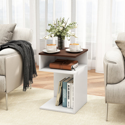 S-Shaped Side Table for Small Space with 2 Open Compartments-Walnut