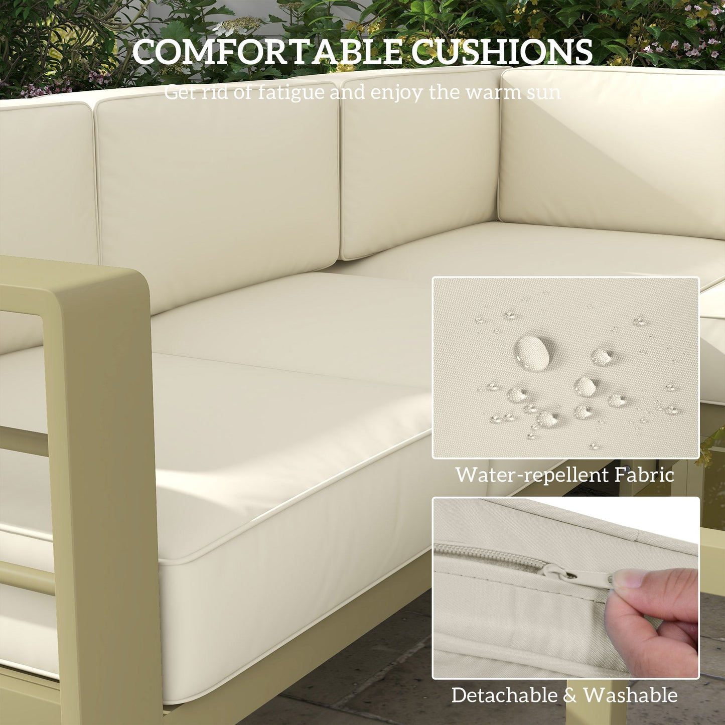 Outsunny 5-Piece Garden Corner Sofa Set with Cushions, 6 Seater Aluminium Garden Furniture Set with Glass Top Coffee Table, Patio Sectional Conservatory Furniture for Patio & Terrace, Gold Tone