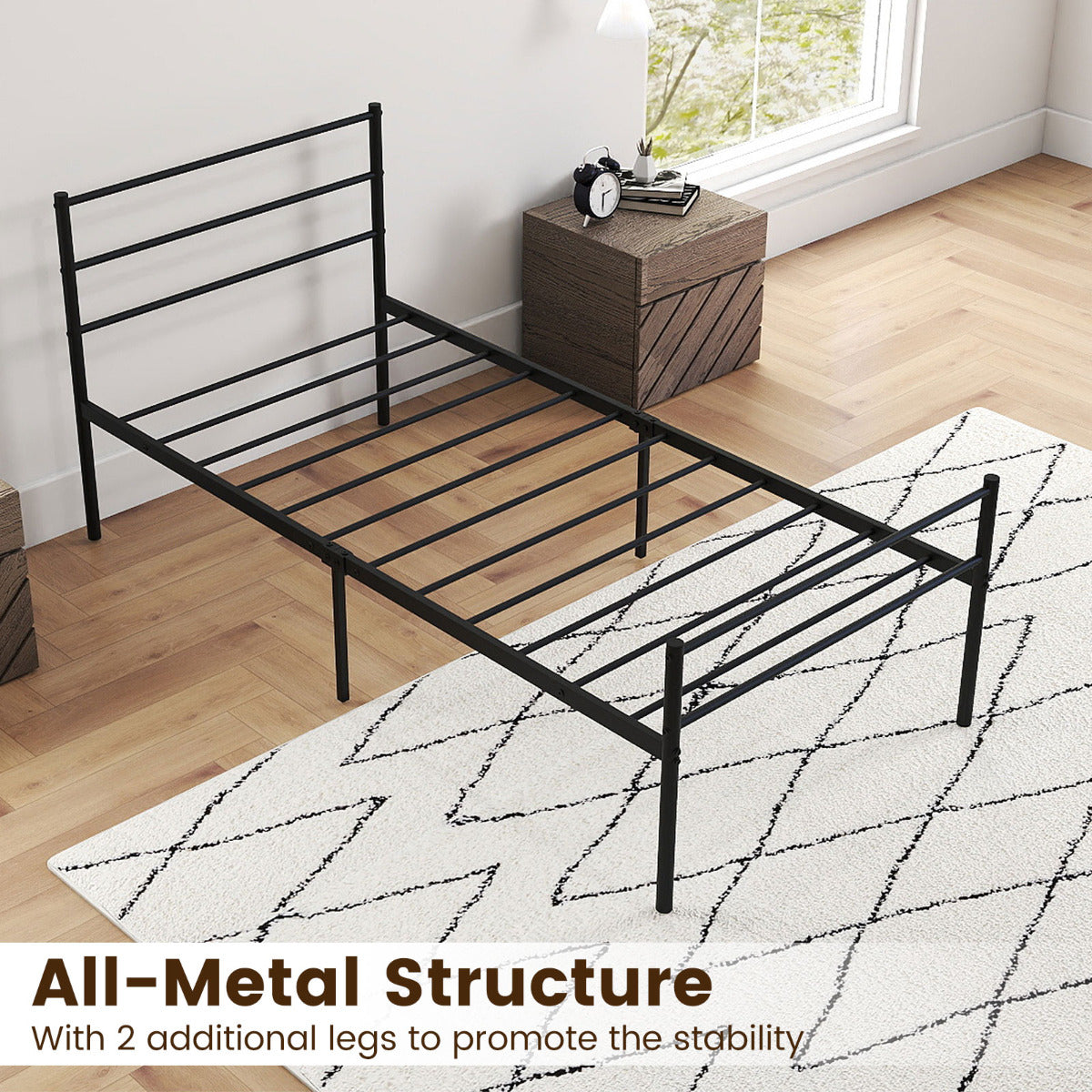 Single Size Modern Bed Frame with Metal Slat Support-Black