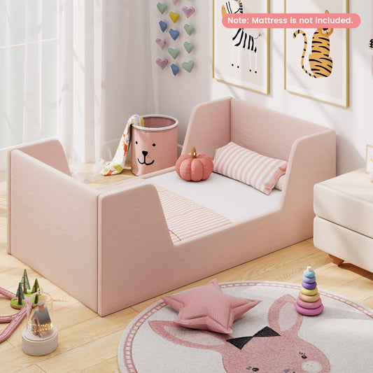 Soft Velvet Fabric Upholstered Children Floor Bed Frame-Pink