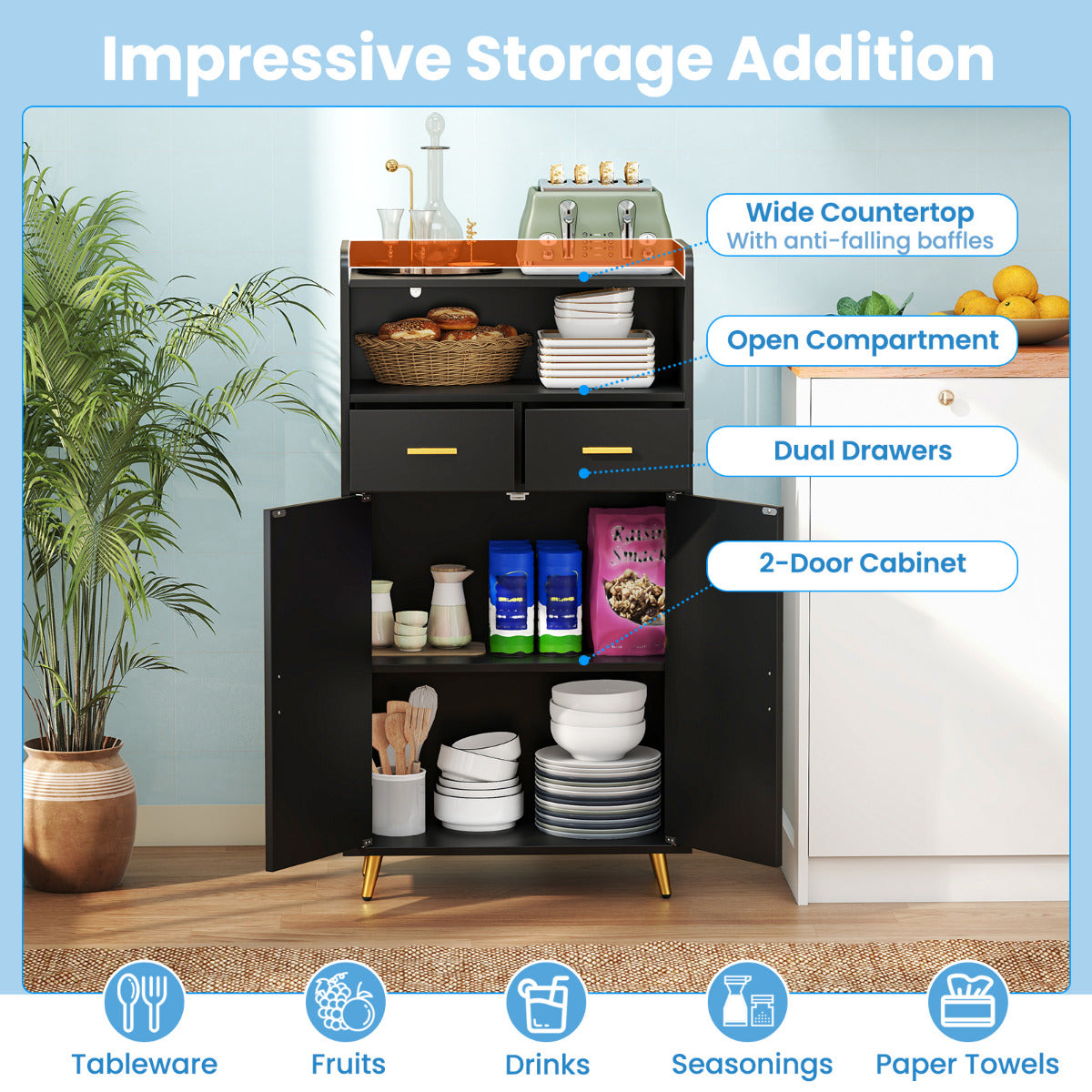 Storage Cabinet with 2 Drawers and 2 Doors-Black