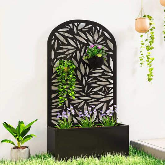 Outsunny Metal Garden Bed for Garden with Trellis, Wall Mounted or Freestanding Raised Planter with Curved Privacy Screen