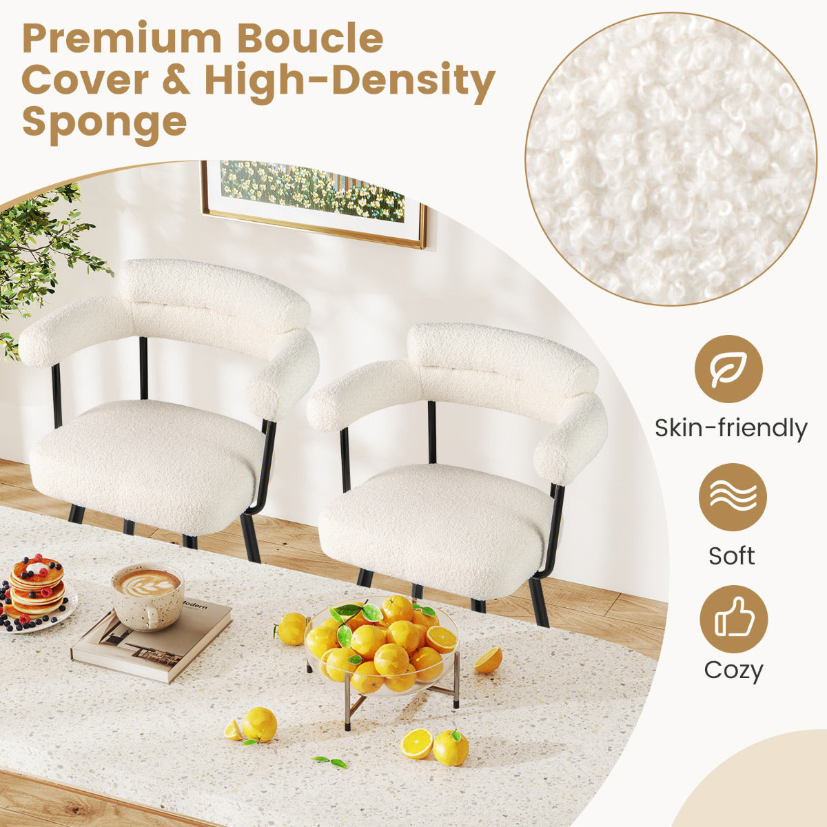 Swivel Bar Stool Set of 2 Counter Height Chairs with Curved Back-White