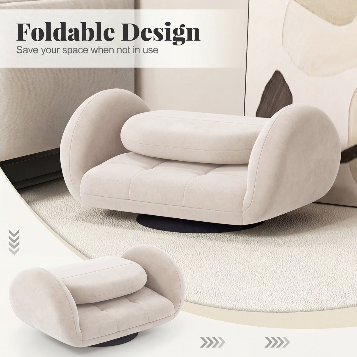 Swivel Floor Chair with Adjustable Backrest and Armrests-Beige