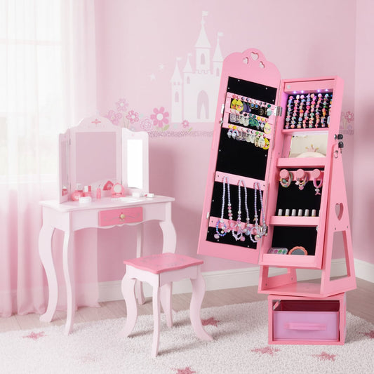 Swivel Kids Jewelry Cabinet with Full-Length Mirror and Lights-Pink