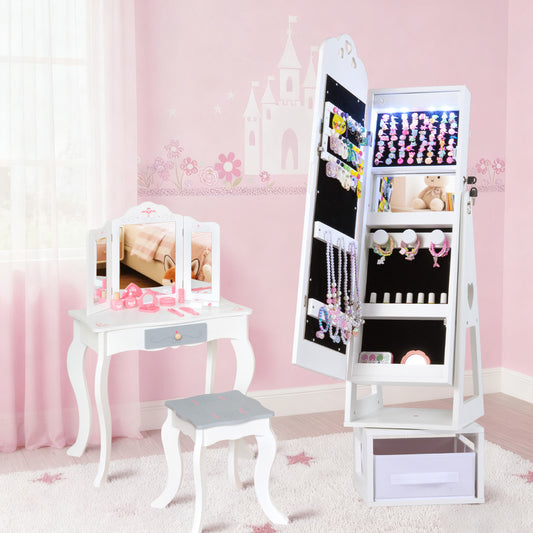 Swivel Kids Jewelry Cabinet with Full-Length Mirror and Lights-White