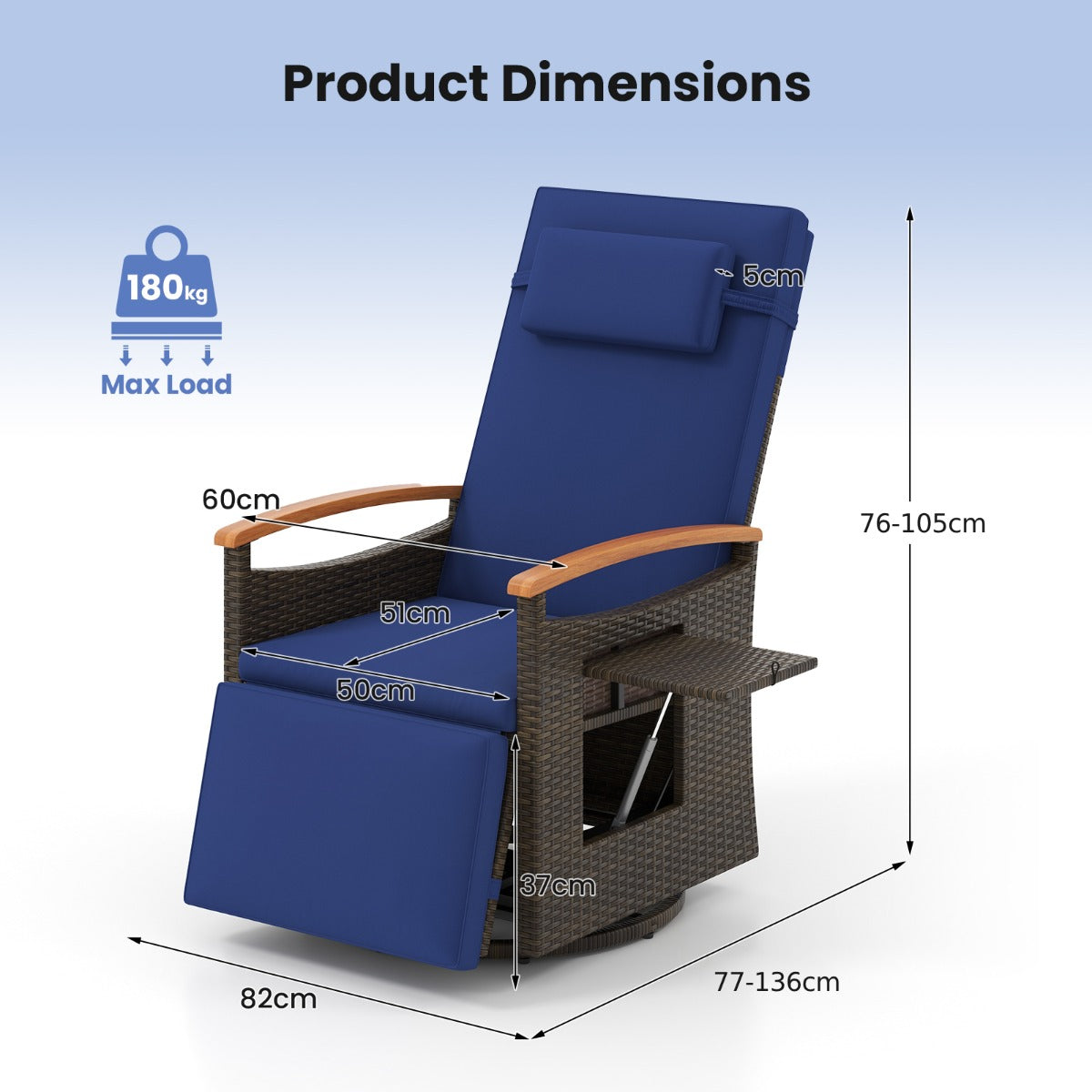 Outdoor 360° Swivel Rattan Recliner Chair with Adjustable Backrest and Footrest-Navy