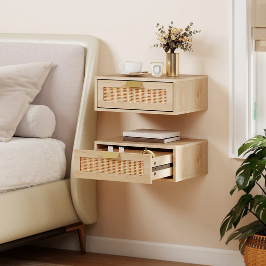 HOMCOM Floating Bedside Tables Set of 2, Wall Mounted Bedside Cabinets with Rattan Drawer and Wood Effect, Oak