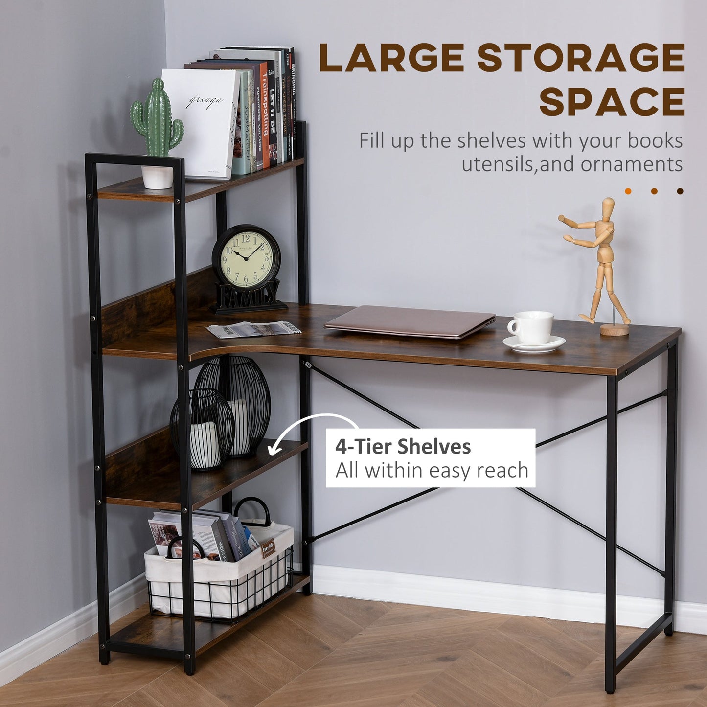 HOMCOM Office Desk with Storage Shelves, 120 CM Computer Desk, Industrial Study Table with Metal Frame for Home Office Small Space, Rustic Brown