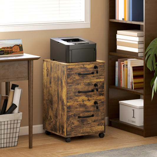 HOMCOM Three Drawer Wood-Effect Filing Cabinet - Rustic Brown