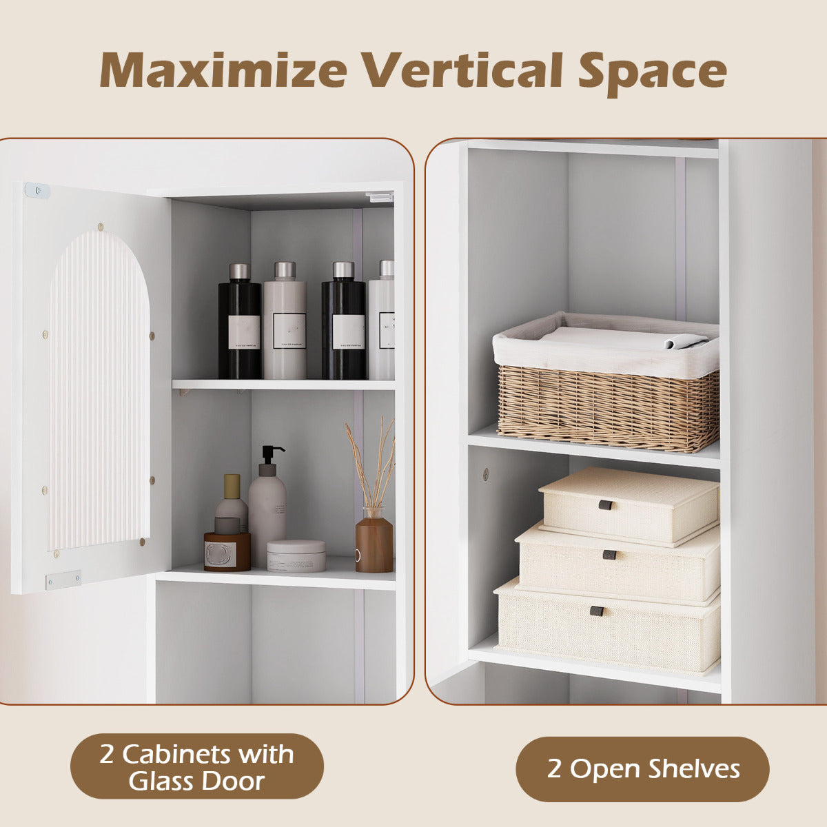 Tall Bathroom Storage Cabinet Narrow Home Organizer with 2 Fluted Glass Doors-White