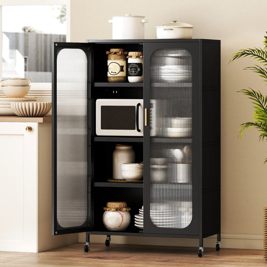 5-Tier Tall Kitchen Pantry with Adjustable Shelves and Semi-Transparent Doors-Black