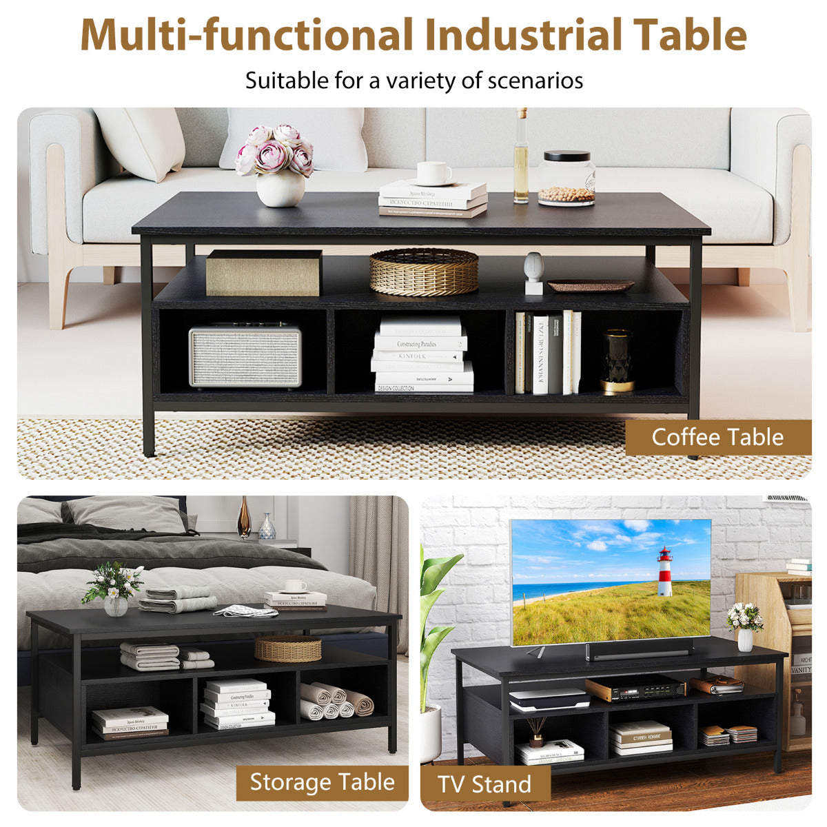 Industrial 3-Tier Coffee Table ith Open Shelf and 6 Compartments-Black