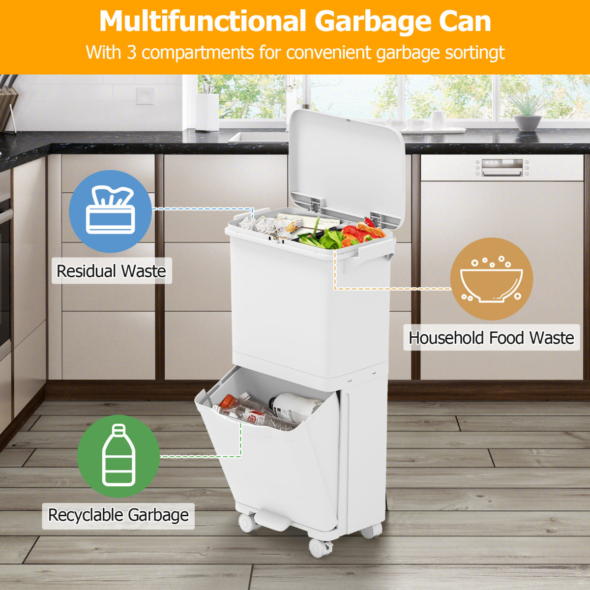 Trash Can with 2 Removable Bins and Tilting Compartment