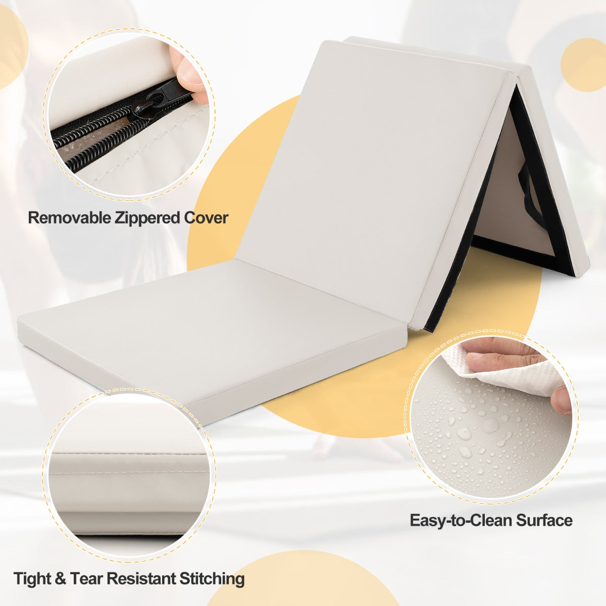 Tri-Fold Folding Exercise Mat with PU Leather Cover-Grey