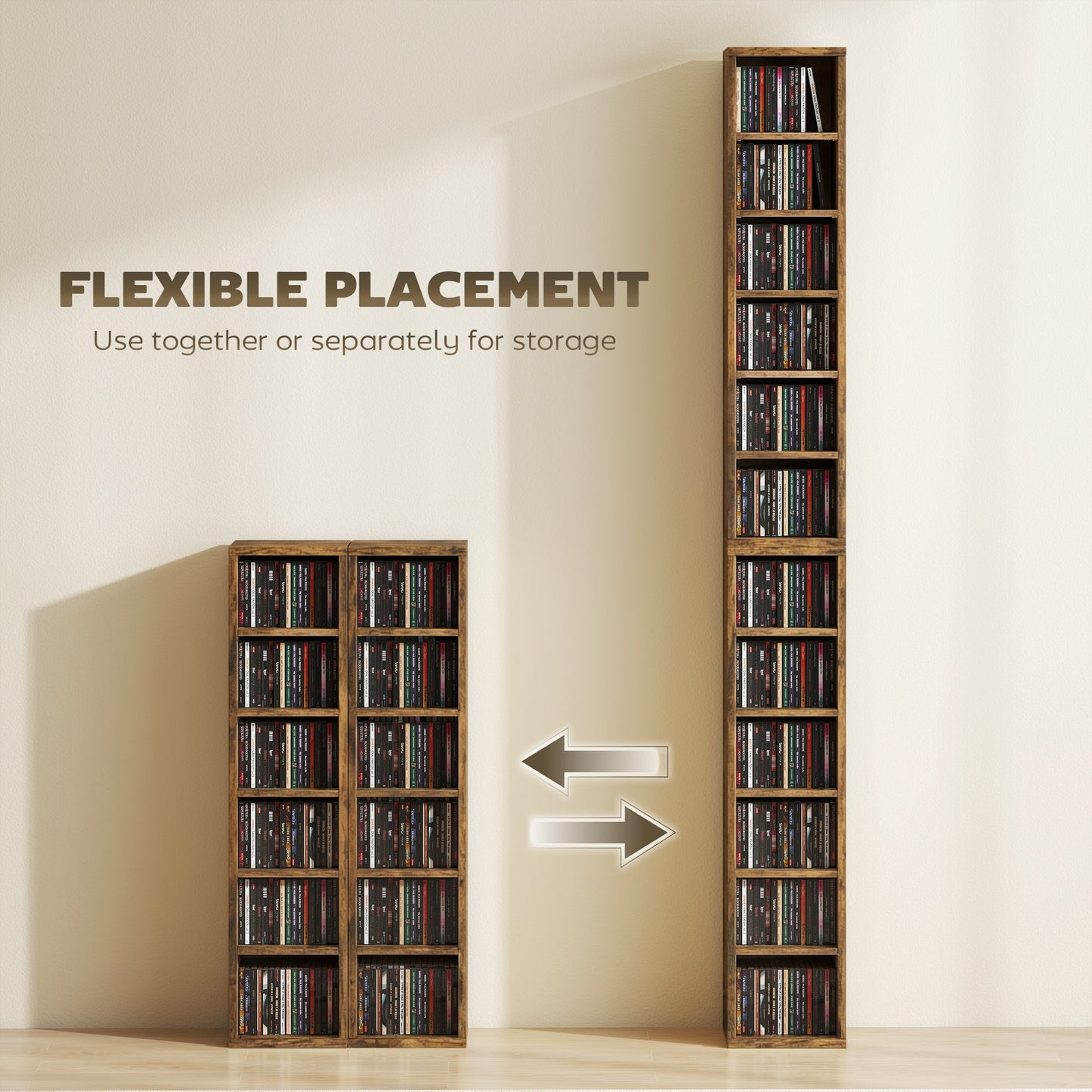 HOMCOM Set of 2 CD Media Display Shelf Unit Tower Rack with Adjustable Shelves, Rustic Brown