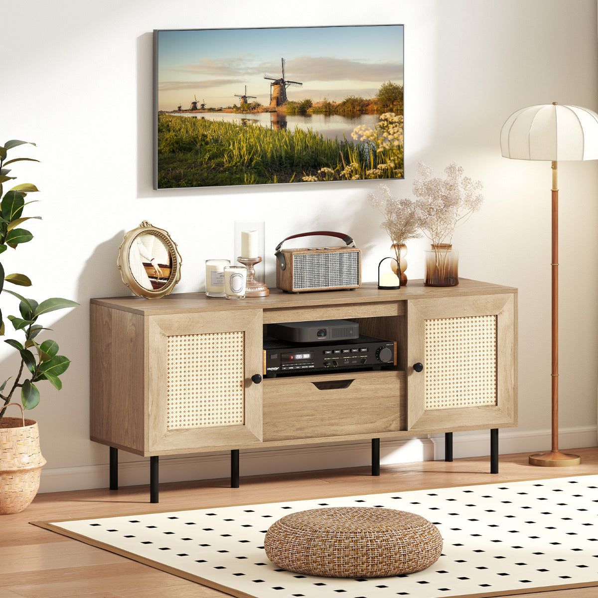 TV Stand for 60 Inch TV with Cabinets and Storage Shelf-Natural