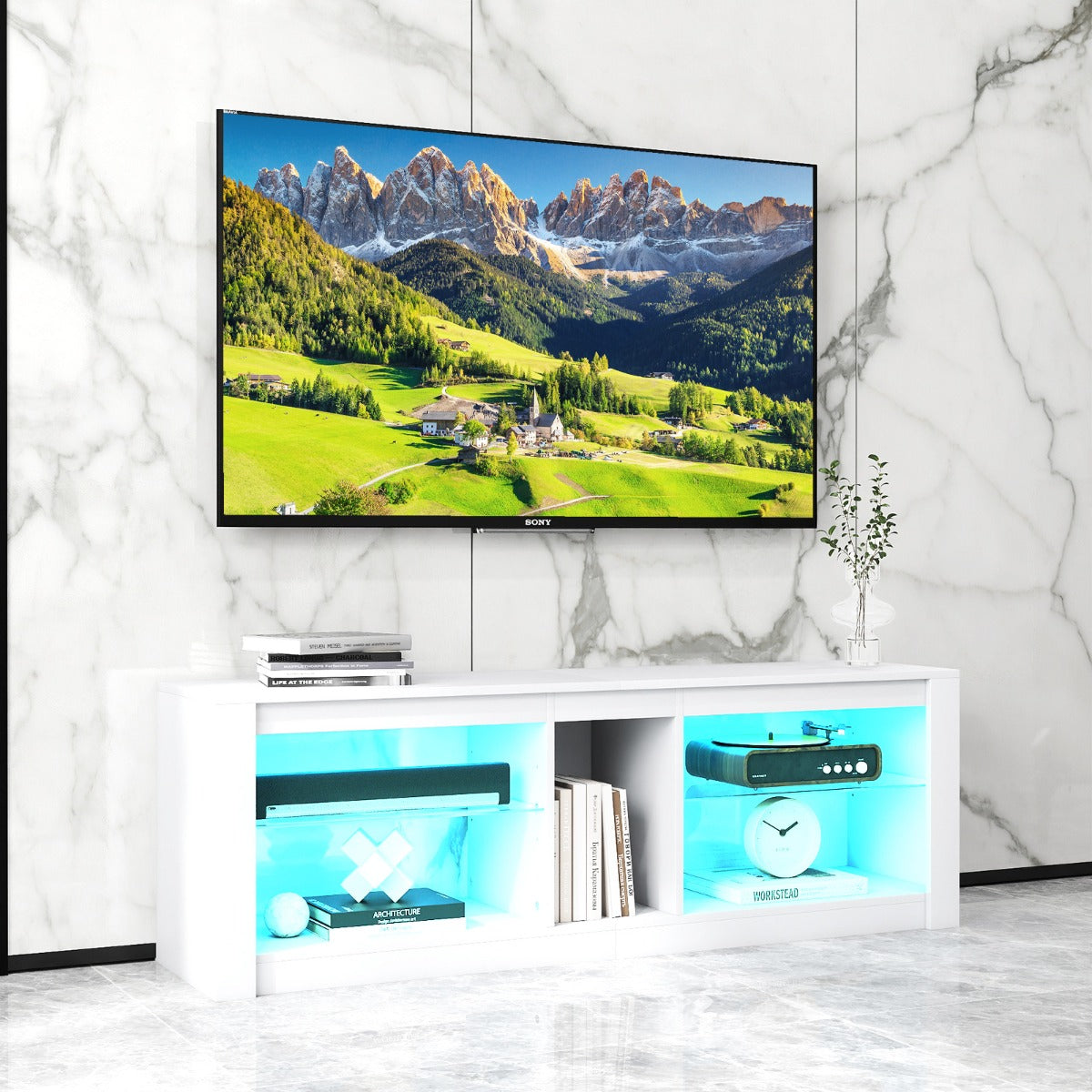 TV Stand with LED Light for TVs up to 65 inch with Adjustable Tempered Glass Shelves-White
