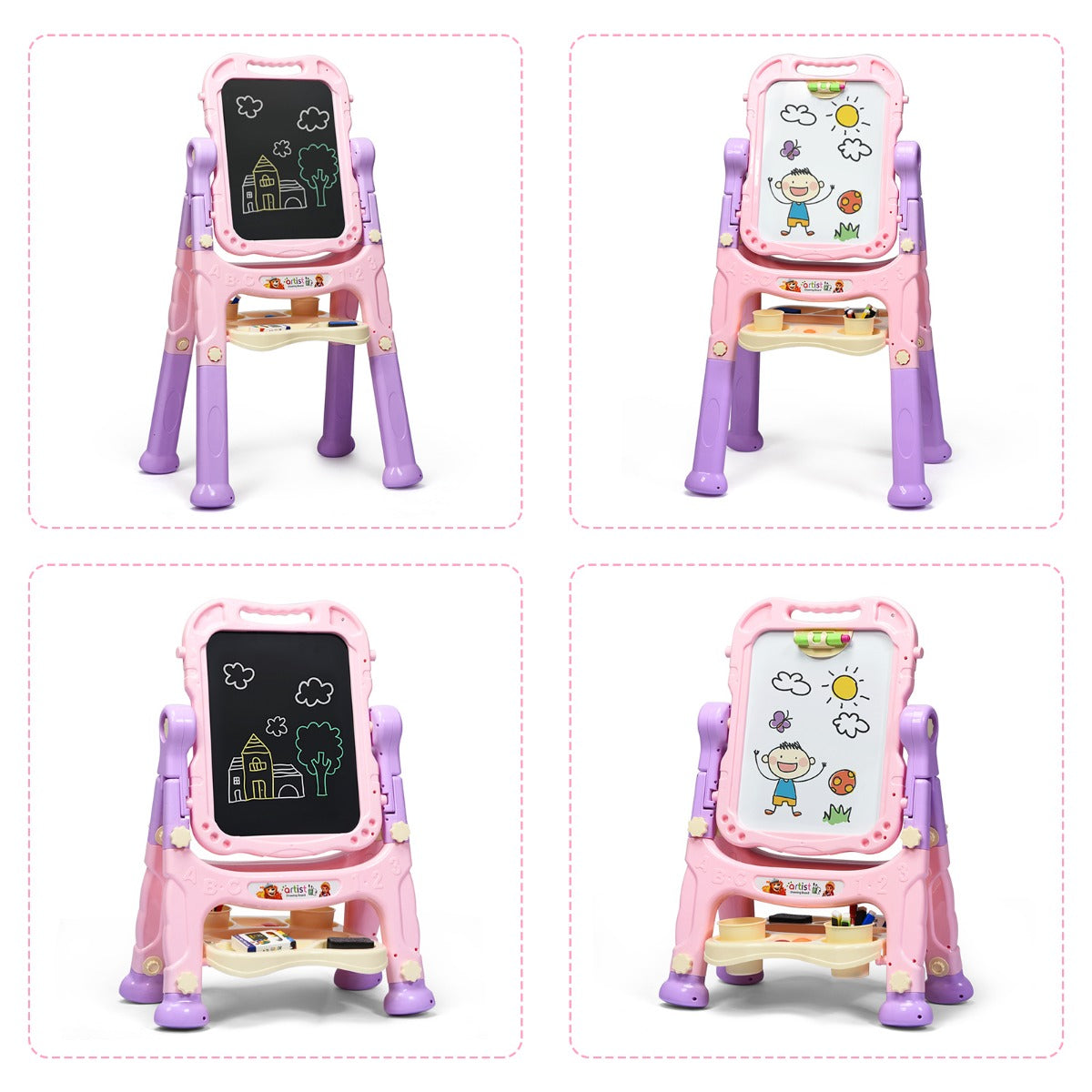 Kid's Double Sided Boards Easel Magnetic Painting Art-Pink
