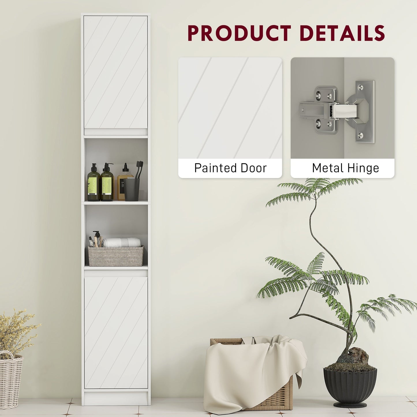 HOMCOM Narrow Bathroom Cabinet, Slim Bathroom Storage Unit with Open Compartment, Freestanding Storage Cupboard with Adjustable Shelves for Small Spaces, 30 x 24 x 170 cm, White