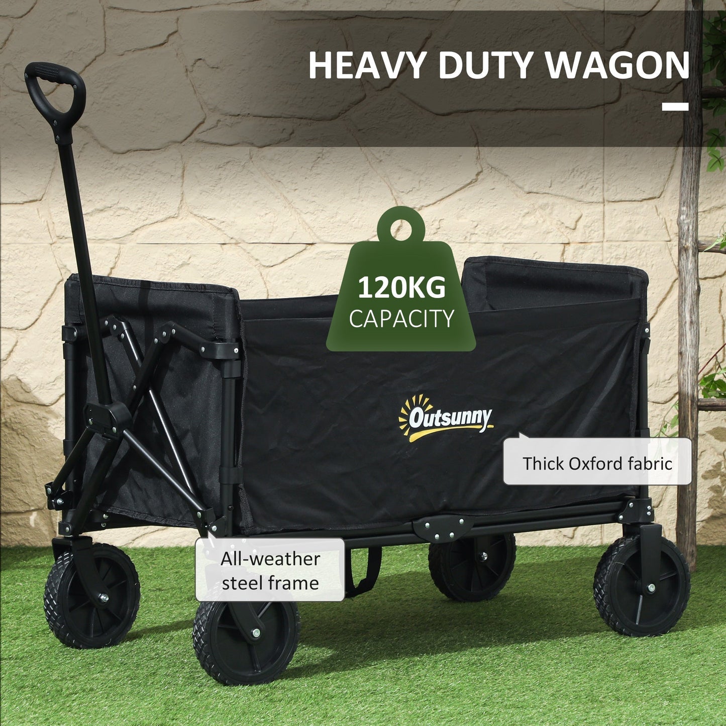 Outsunny 120L Festival Trolley on Wheels, Folding & Compact Camping Trolley Cart with Adjustable Handle for Garden, Beach, Fishing, Black
