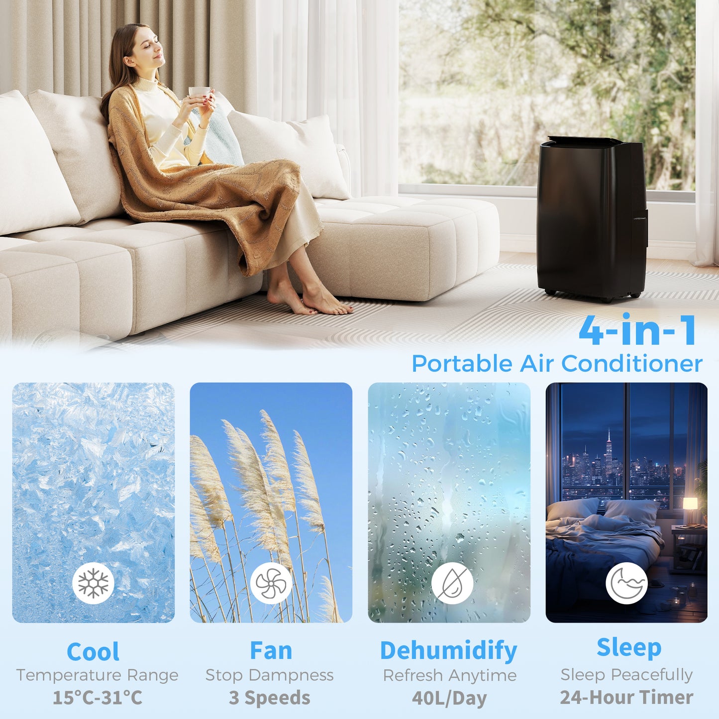 HOMCOM Portable Air Conditioner 14000 BTU, 4-in-1 Air Conditioning Unit, Dehumidifier, Cooling, Fan, Children Lock, 40m²