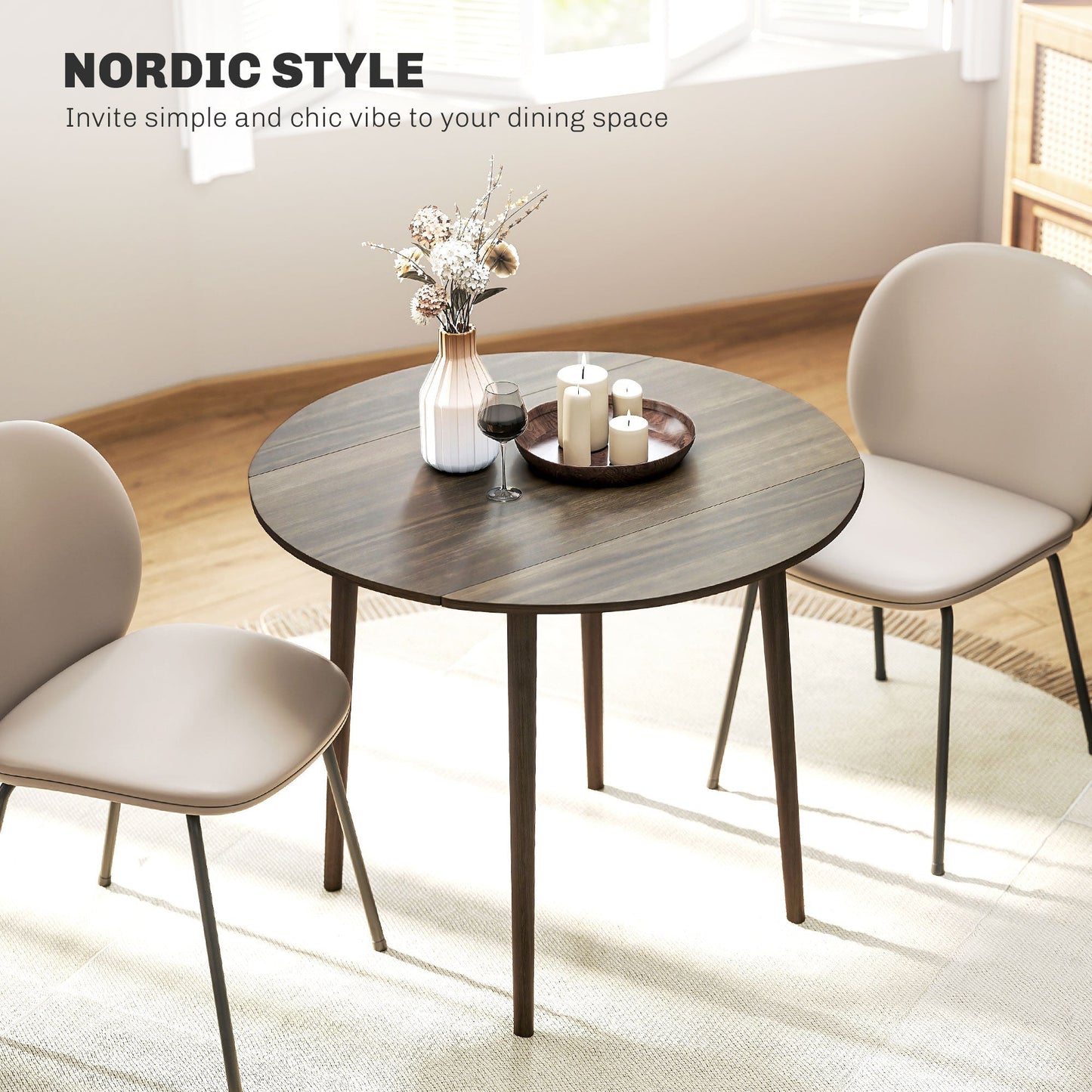 HOMCOM Folding Dining Table for 4, Round Drop Leaf Table, Modern Space Saving Small Kitchen Table with Wood Legs for Dining Room, Grey