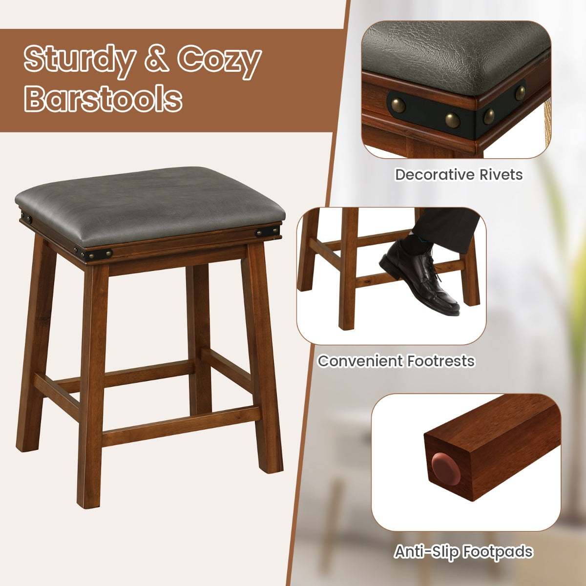 Set of 4 62 cm Height Upholstered Backless Bar Stools with PU Leather Padded Seat-Brown