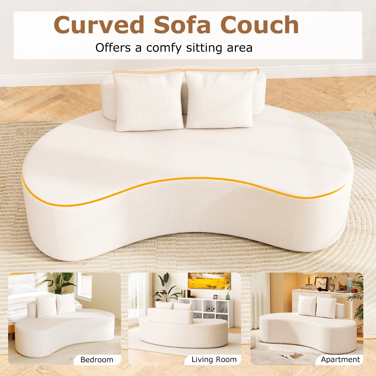Upholstered Curved Sofa with 2 Cozy Pillows and Low Backrest-Beige