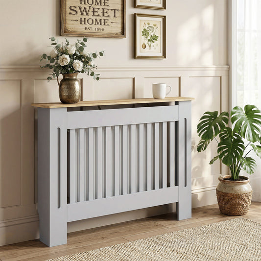HOMCOM Slatted Radiator Cover, Painted Cabinet with Line Grill Design, 112L Ã 19W Ã 81H cm, Grey