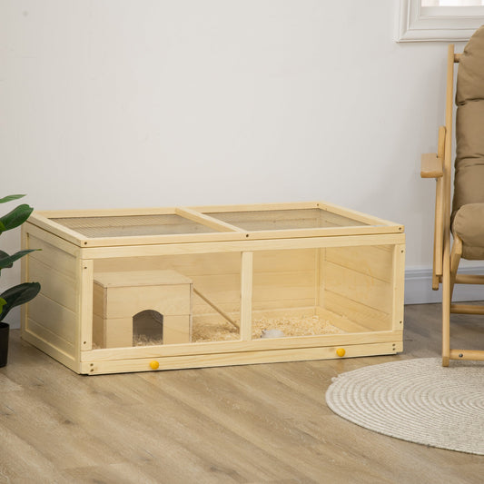 PawHut Wooden Hamster Cage with Sliding Tray, Openable Top, Hut for Syrian Hamster, Natural Wood Finish