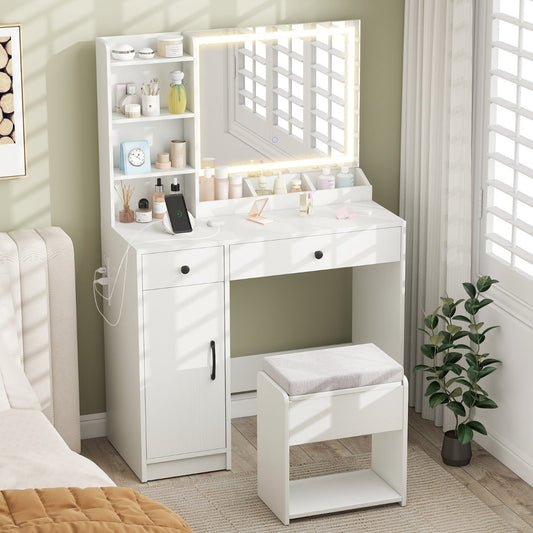Vanity Desk with LED Lighted Mirror and Storage Stool-White