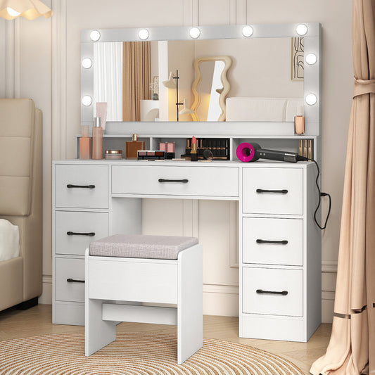Vanity Desk with Mirror and Lights Makeup Table with Power Outlets-White