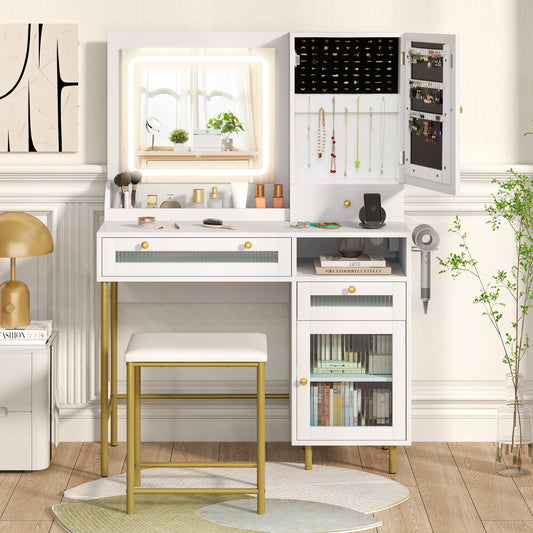 Vanity Set with 2 Fluted Glass Drawers and 1 Ordinary Drawer-White