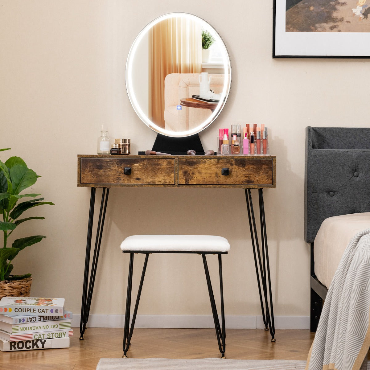 Vanity Set with LED Lighted Mirror and Soft Cushioned Stool for Bedroom-Rustic Brown