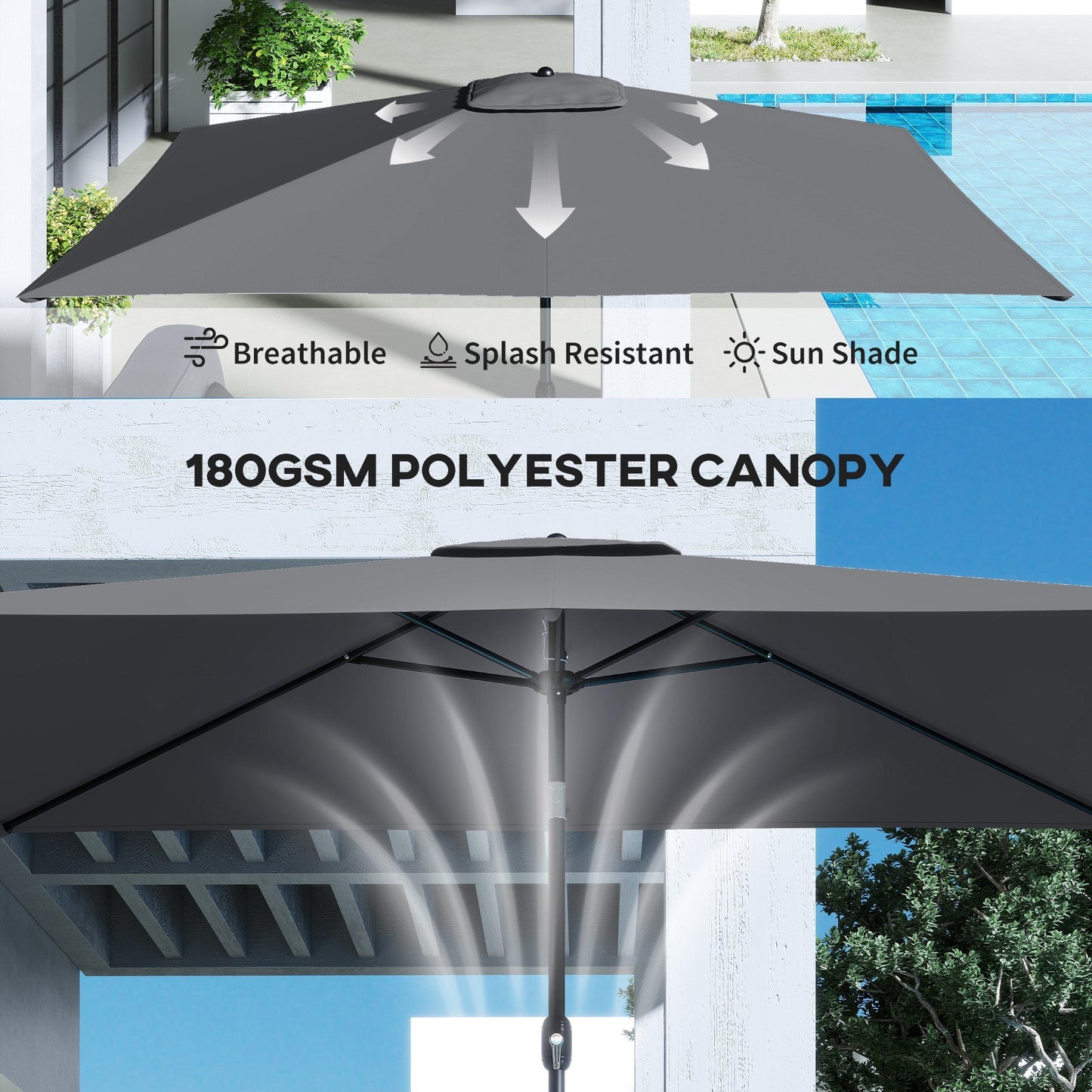 Outsunny Garden Parasol, Parasol Umbrella with Crank Handle, Tilt Function, Polyester Canopy, Dark Grey
