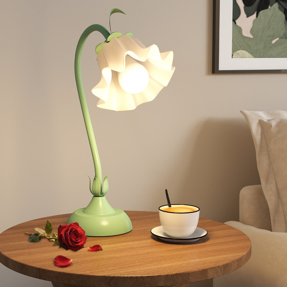 Vintage Nightstand Lamp with Lily of the Valley Acrylic Lampshade-Green