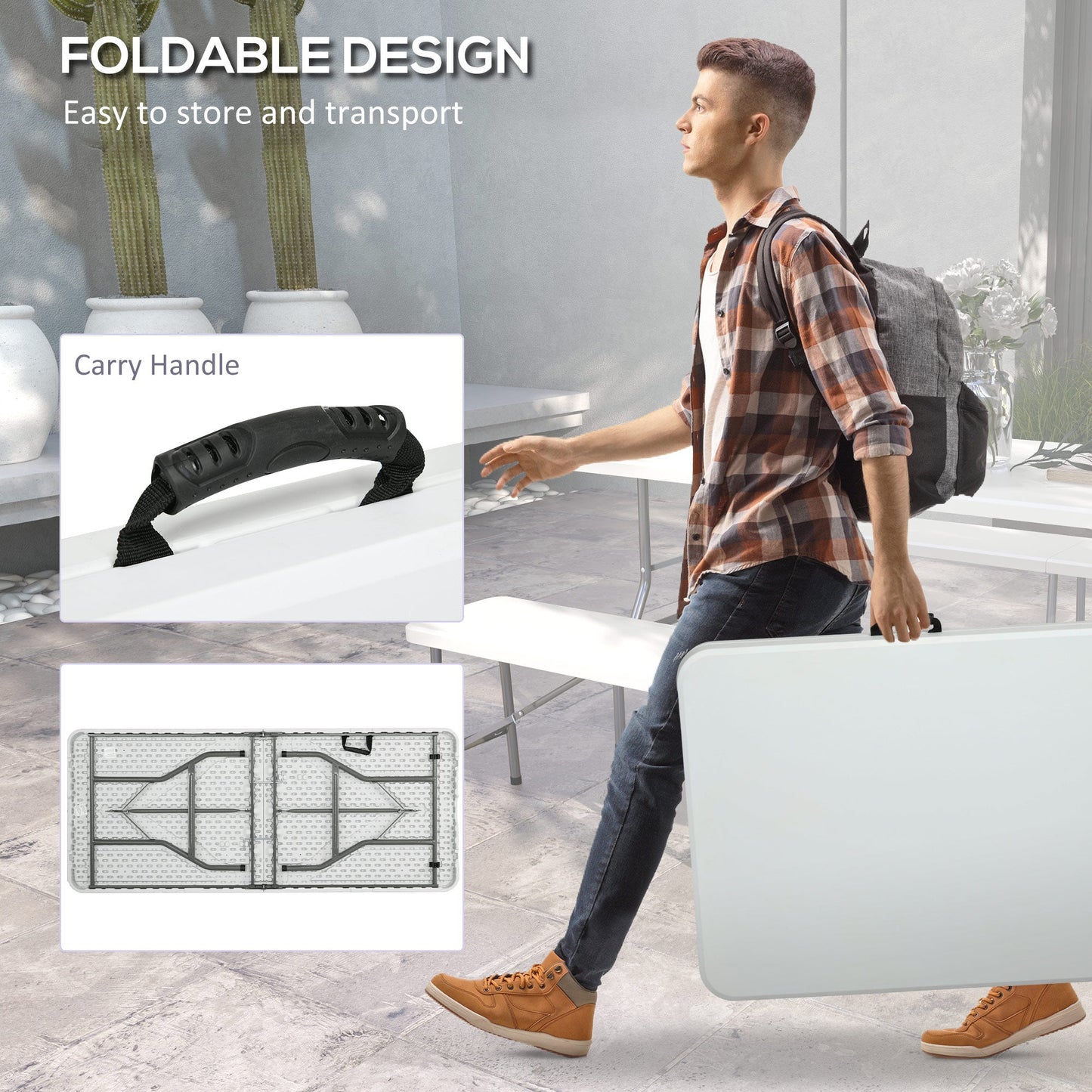 Outsunny Folding Garden Table, 180 x 75cm Rectangular HDPE Outdoor Picnic Table for 6, Metal Frame for Patio, Park, White