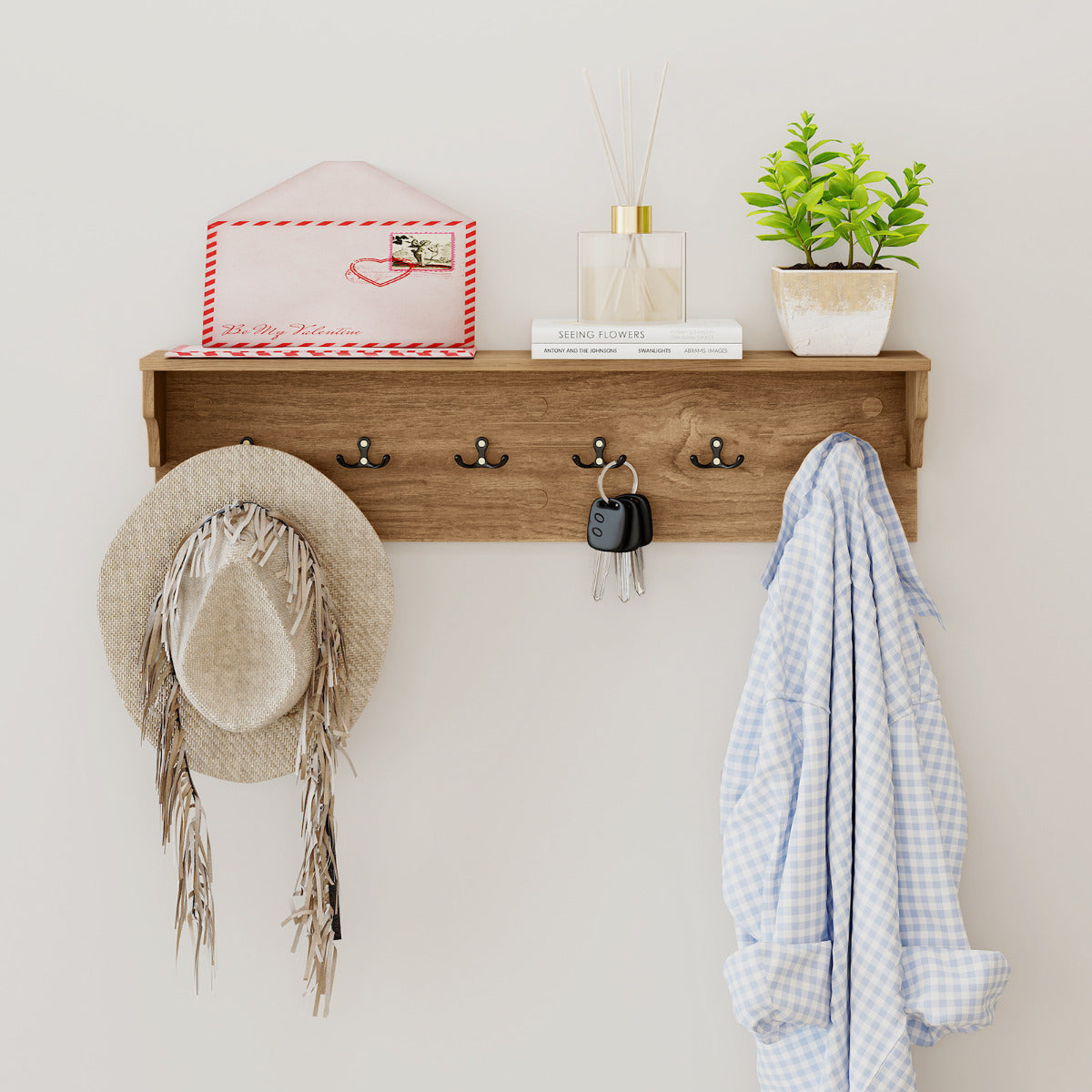 80 CM Wall Hooks with Shelf Wooden Coat Rack-Natural & White