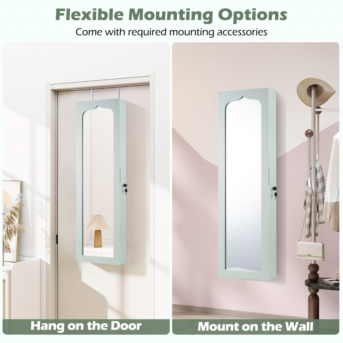 Wall Mounted Jewellery Armoire with LED Light-Green