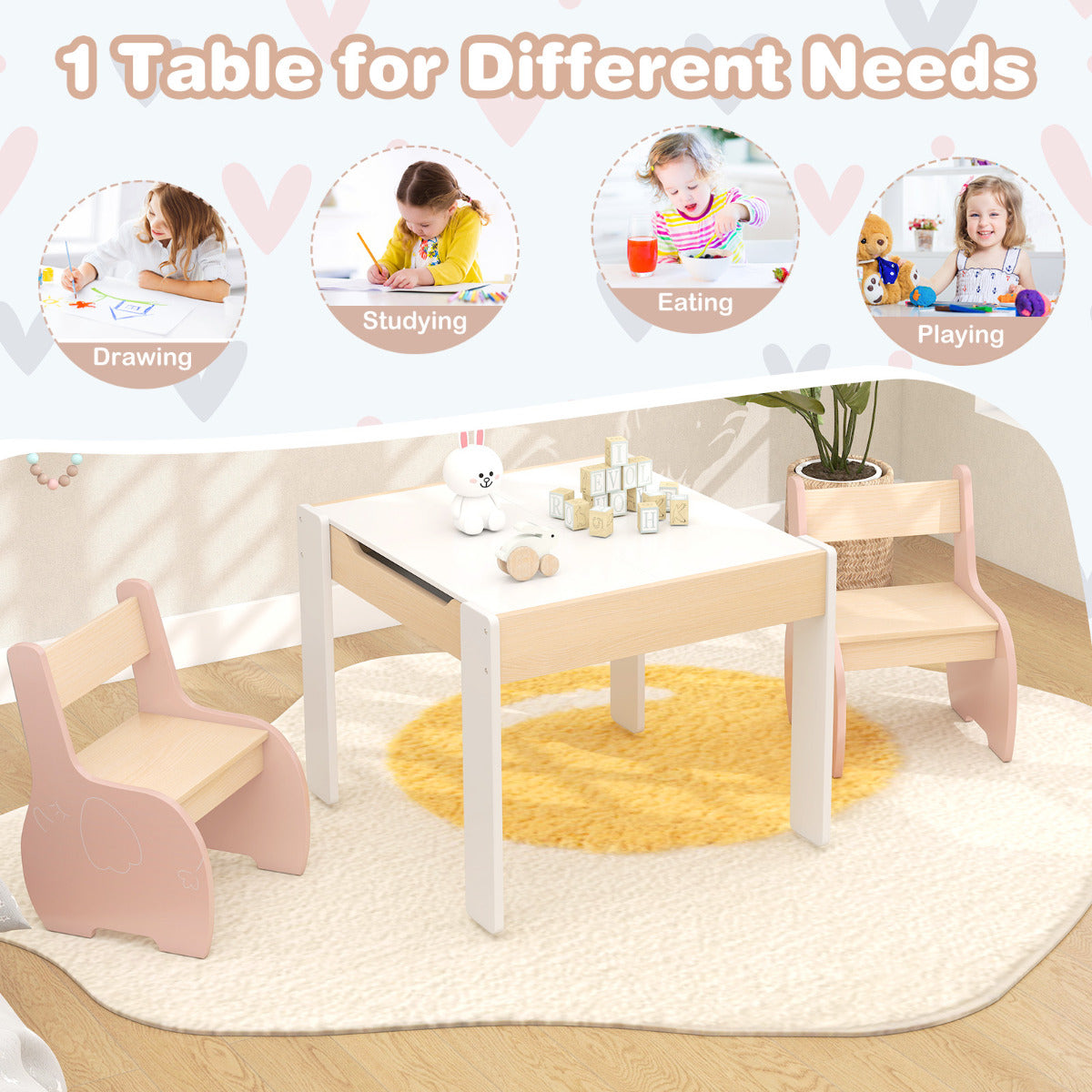 Wooden Kids Table and Chair Set with Hidden Storage-Pink