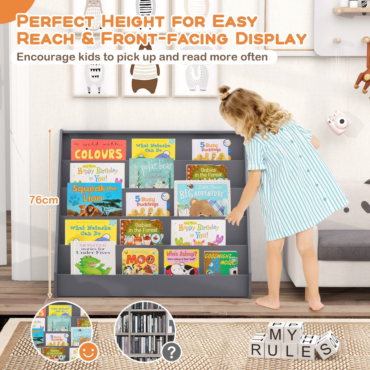 5-Tier Wooden Toddler Book Shelf Stand with Deep Compartments-Grey