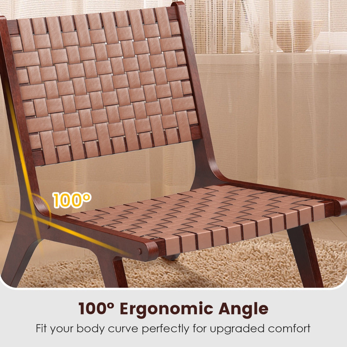 Woven Leather Accent Chair with Wood Frame Armless Reading Side Chair-Brown