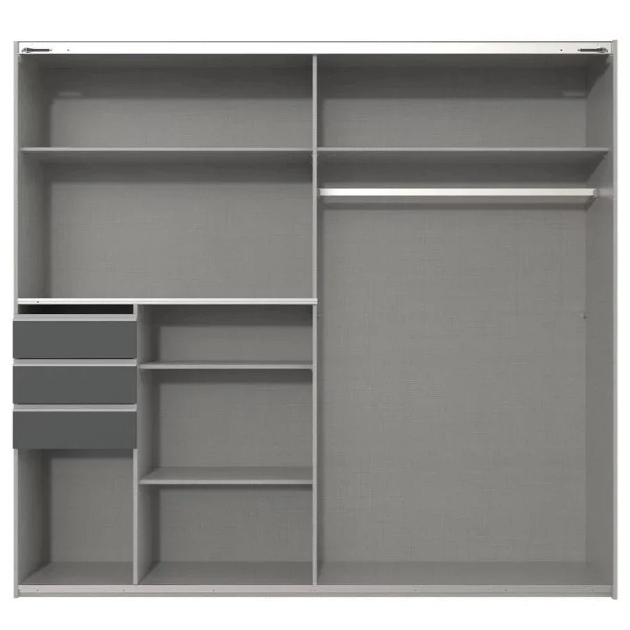 Gray wardrobe with shelves and a sliding door