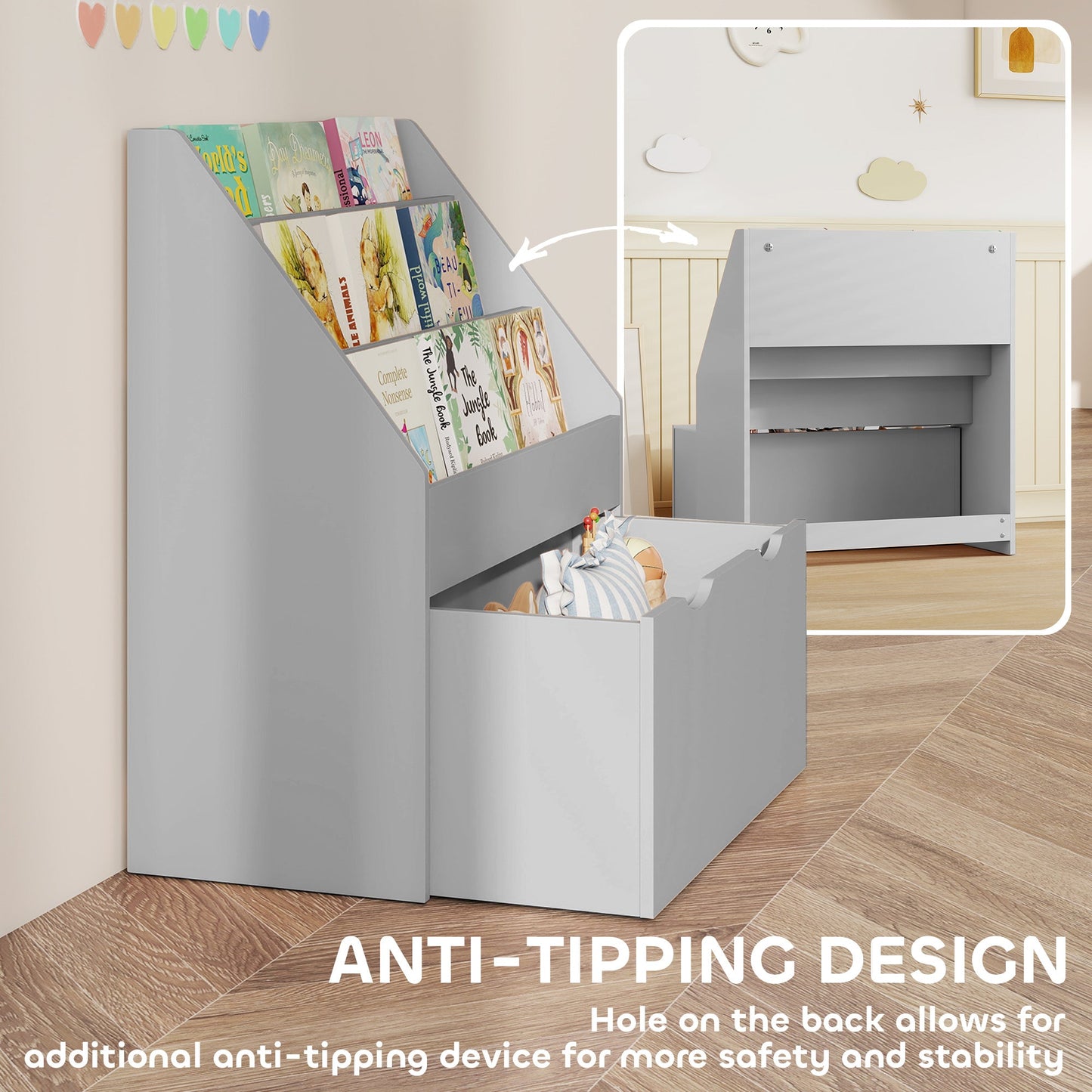 AIYAPLAY Bookcase for Kids with Shelves, Drawer, Bookcase for Bedroom, Playroom, Grey