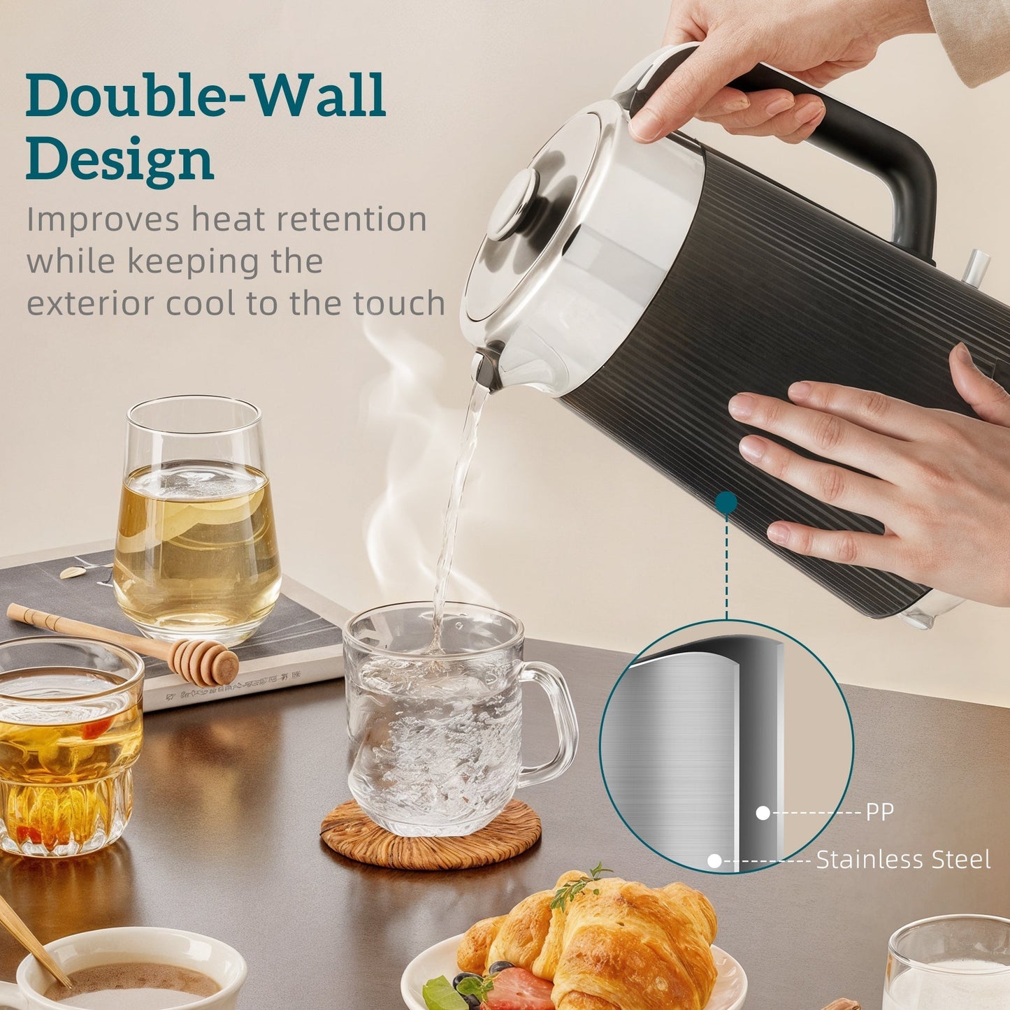 HOMCOM Electric Stainless Steel Kettle and Toaster Set, 3000W 1.7L UK Strix Thermostat Fast Boil Kettle w/ Limescale Filter, Cool Touch Body, 4 Slice Toaster with 7 Browning Levels, Crumb Tray, Black