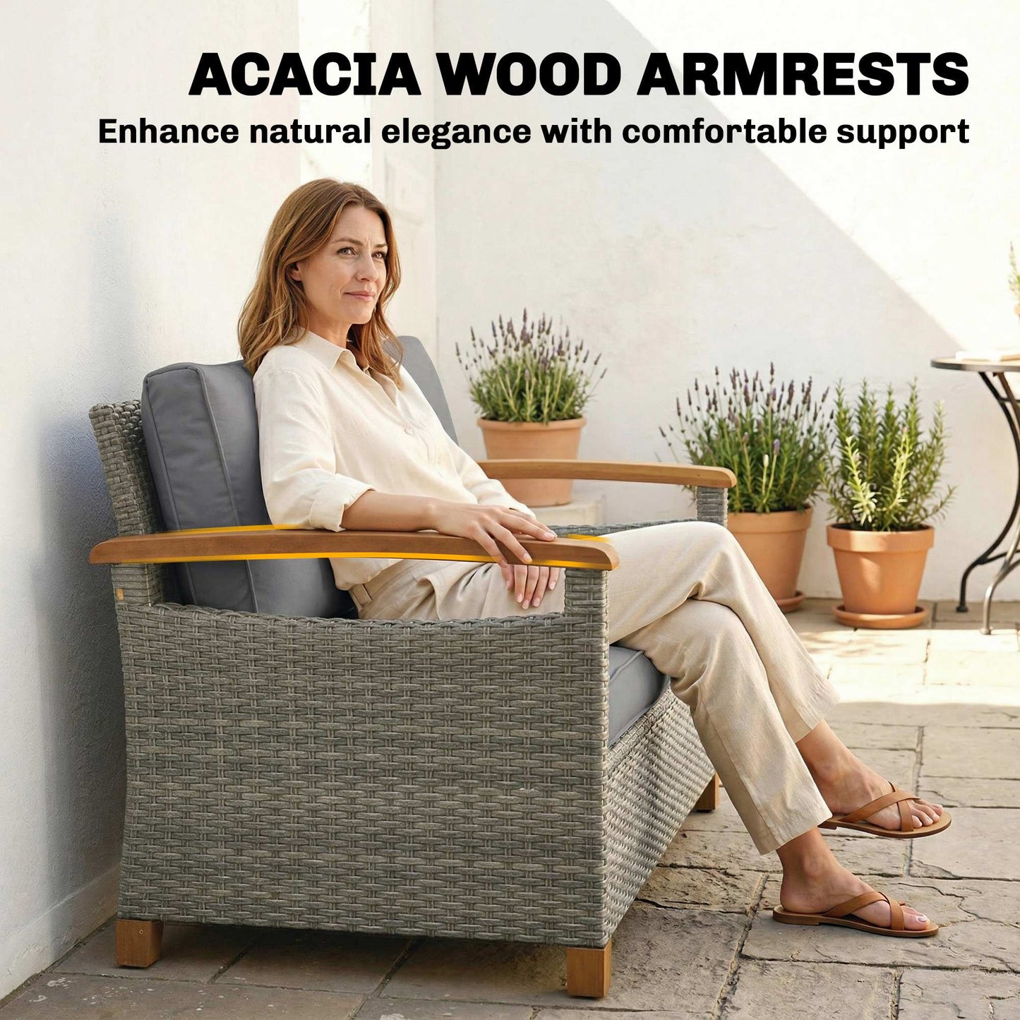 Outsunny 2 Seater Rattan Garden Sofa, Outdoor Sofa with Thickened Cushions and Acacia Wood Armrests, Dark Grey