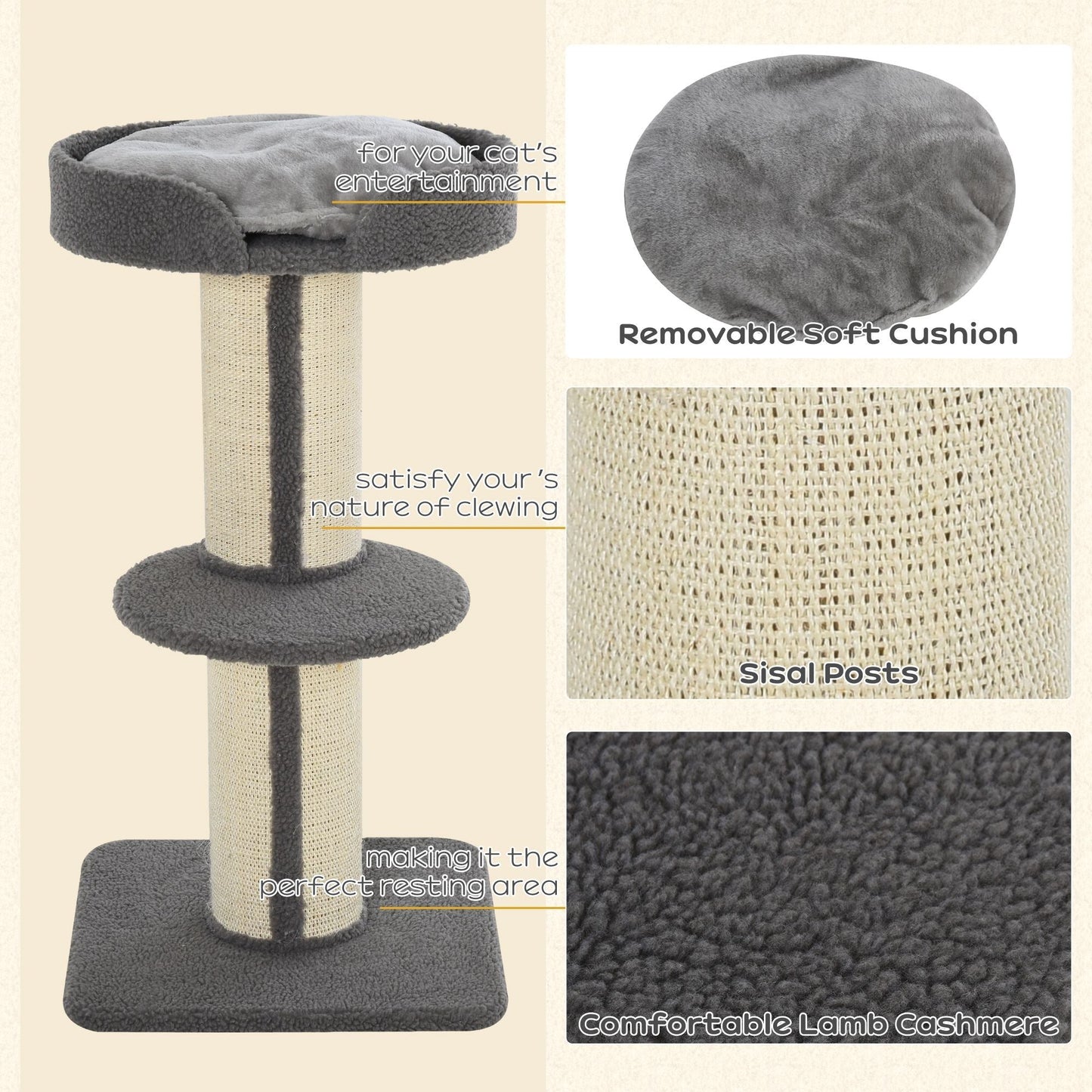 PawHut 91cm Cat Tower Scratching Posts Cat Tree for Indoor Kittens Activity Centre Grey