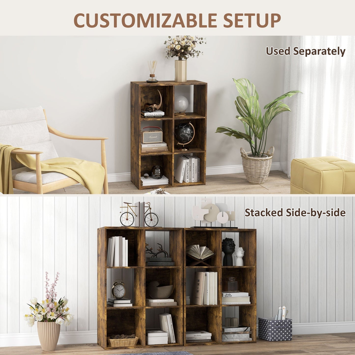HOMCOM 6-Cube Bookshelf - Rustic Brown