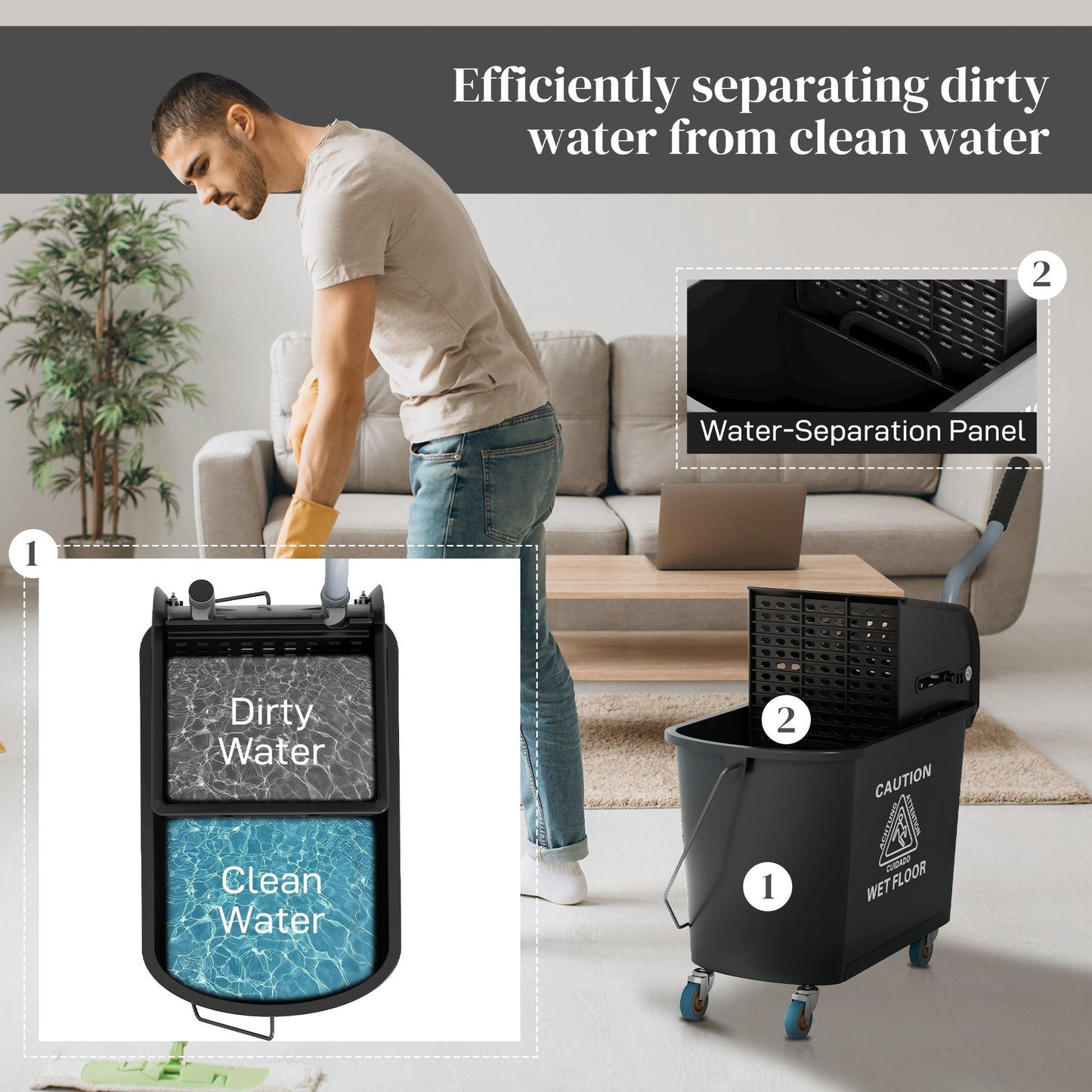 HOMCOM 20L Compact Mop Bucket on Wheels, with Water Separation Panel - Black